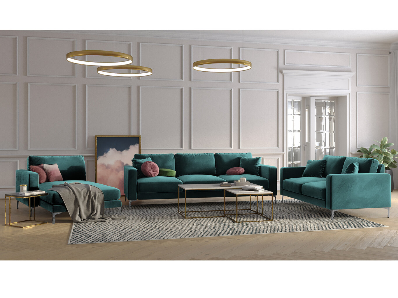 Trivietė aksominė sofa Kooko Home Lyrique, žalia kaina ir informacija | Sofos | pigu.lt