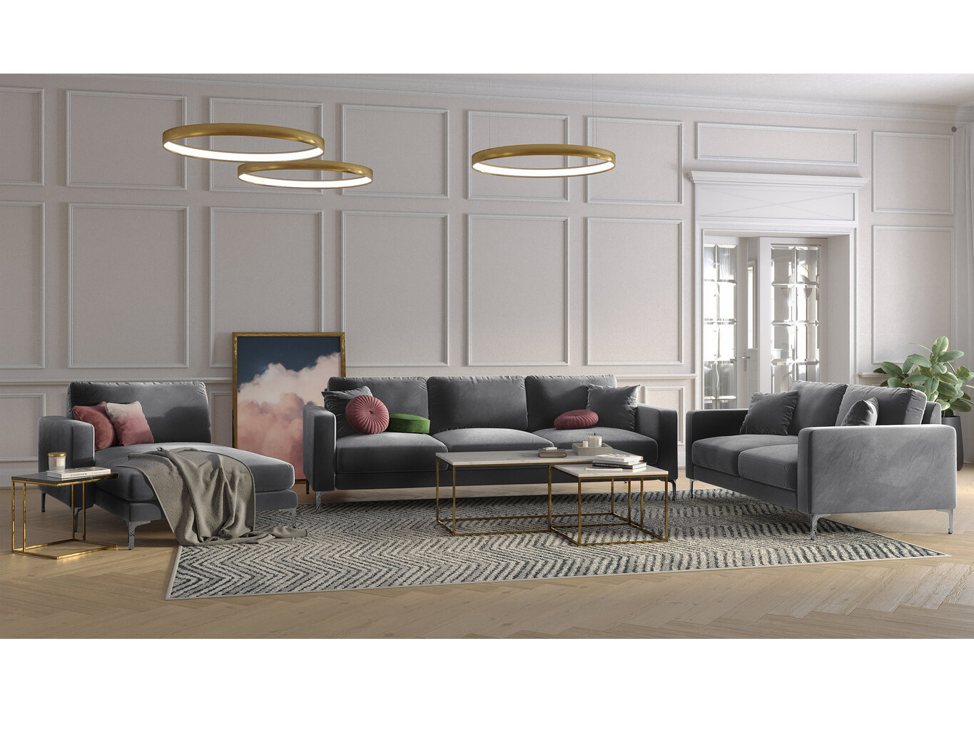 Trivietė aksominė sofa Kooko Home Lyrique, pilka цена и информация | Sofos | pigu.lt