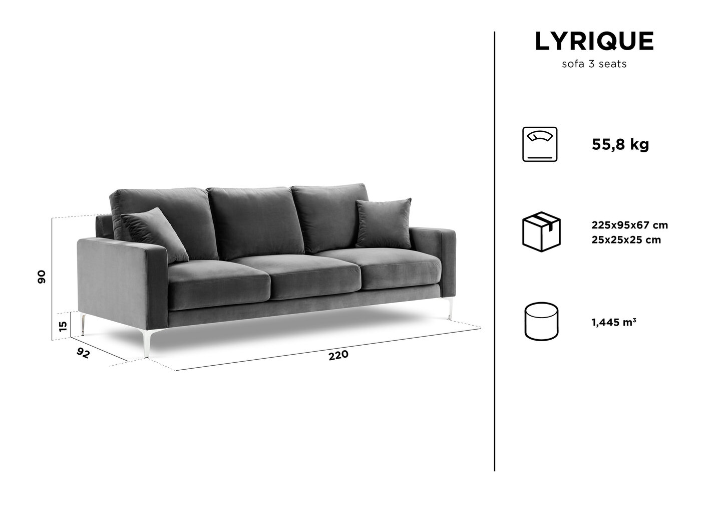 Trivietė aksominė sofa Kooko Home Lyrique, pilka цена и информация | Sofos | pigu.lt