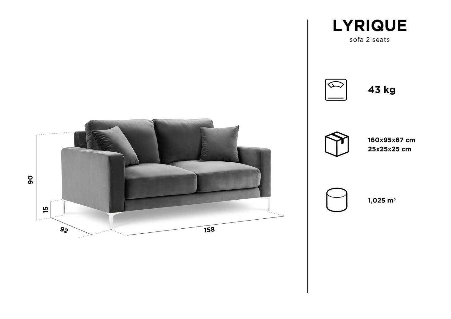 Dvivietė aksominė sofa Kooko Home Lyrique, pilka цена и информация | Sofos | pigu.lt