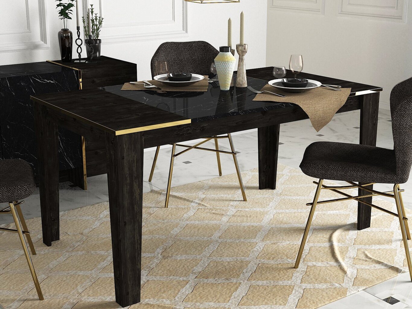 Valgomojo stalas Kalune Design Veyron, juodas/auksinis kaina ir informacija | Virtuvės ir valgomojo stalai, staliukai | pigu.lt