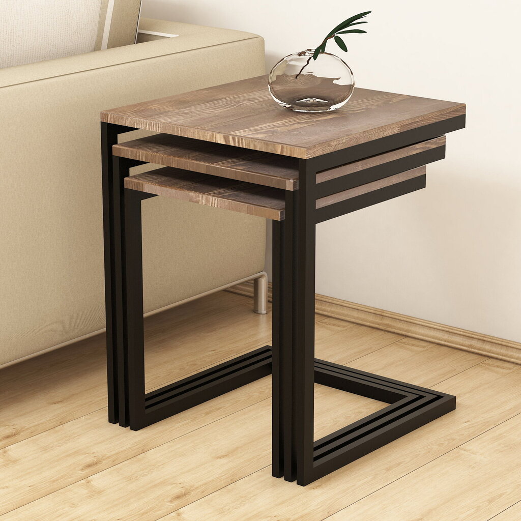 3-jų kavos staliukų komplektas Kalune Design Ege, rudas/juodas kaina ir informacija | Kavos staliukai | pigu.lt