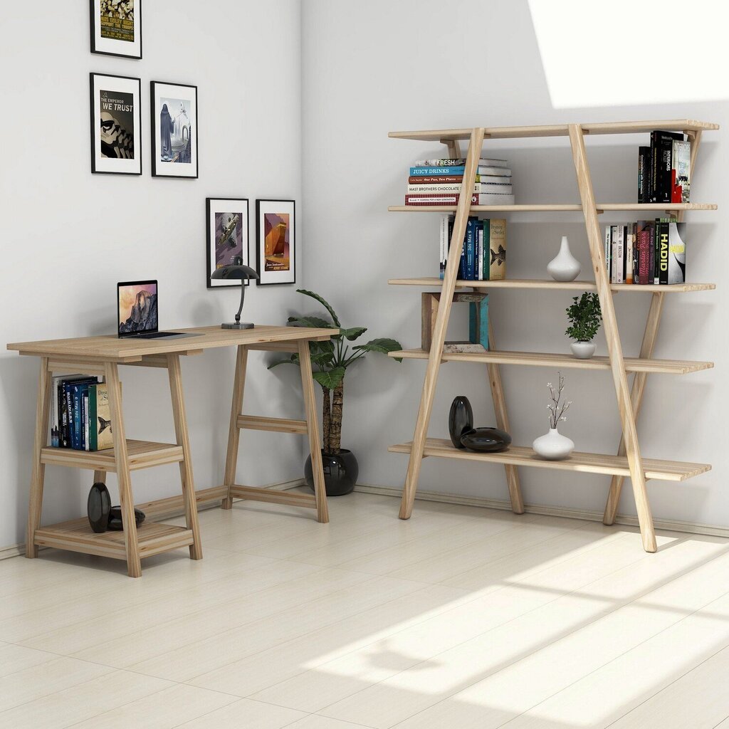 Rašomojo stalo ir knygų lentynos komplektas Kalune Design Perla, šviesiai rudas kaina ir informacija | Kompiuteriniai, rašomieji stalai | pigu.lt