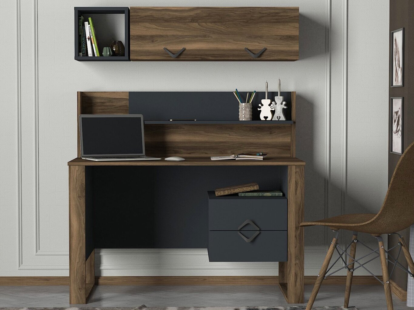 Rašomojo stalo ir lentynos komplektas Kalune Design Bumerang, rudas/pilkas kaina ir informacija | Kompiuteriniai, rašomieji stalai | pigu.lt
