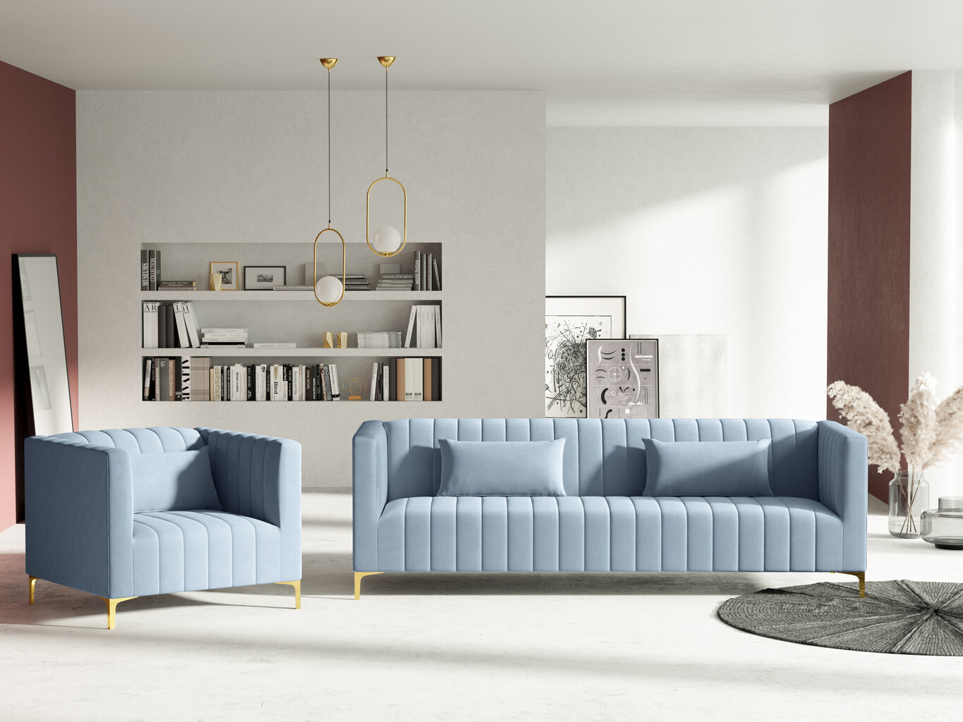 Fotelis Micadoni Home Annite, šviesiai mėlynos/auksinės spalvos kaina ir informacija | Svetainės foteliai | pigu.lt