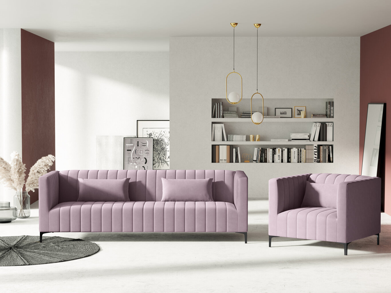 Sofa Micadoni Home Annite 3S, šviesiai violetinė/juoda kaina ir informacija | Sofos | pigu.lt