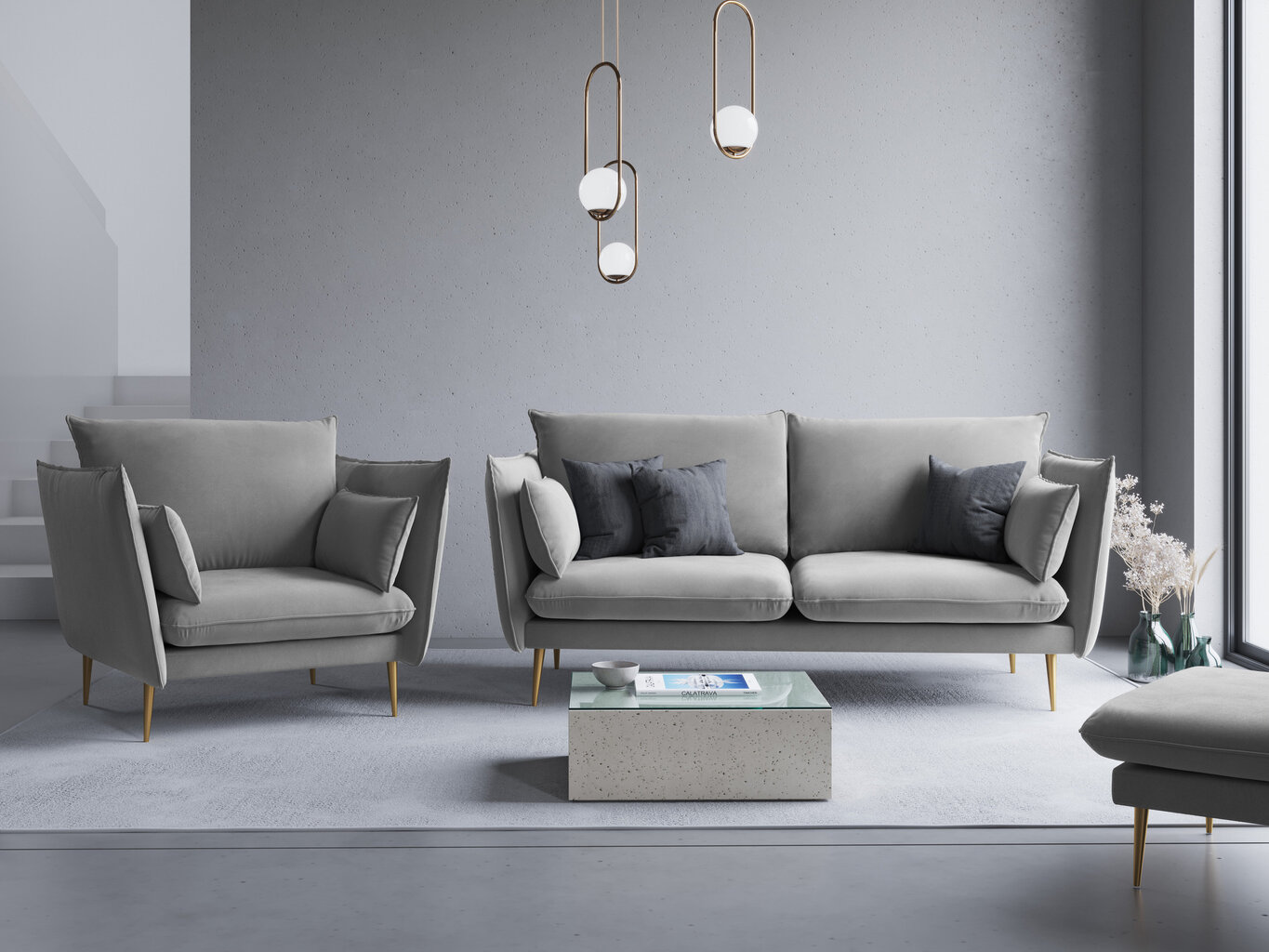 Fotelis Micadoni Home Agate, šviesiai pilkos/auksinės spalvos kaina ir informacija | Svetainės foteliai | pigu.lt