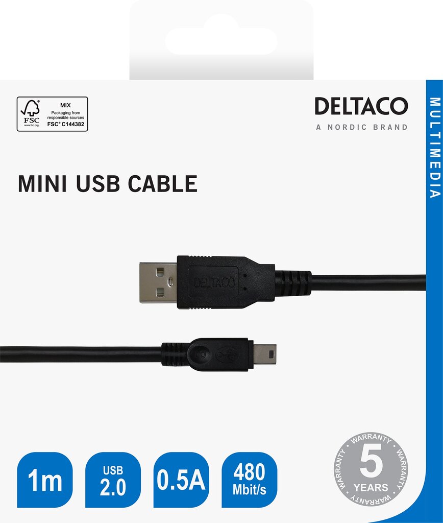 Deltaco R00140007, USB-A, Mini USB-B, 1 m kaina ir informacija | Kabeliai ir laidai | pigu.lt