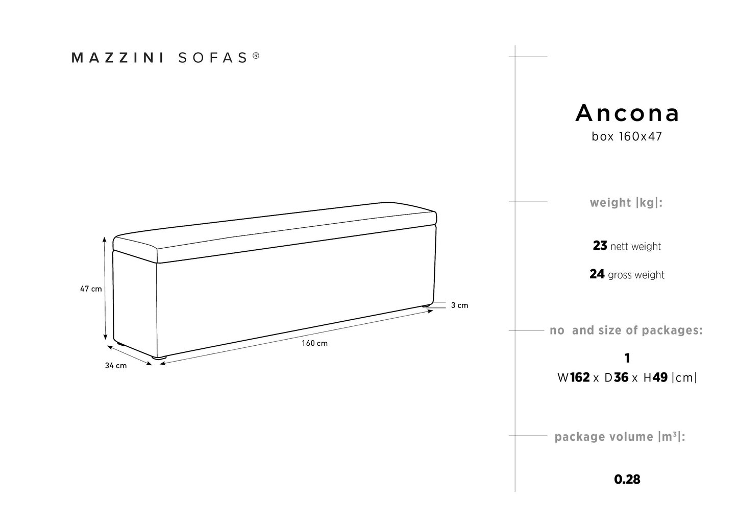 Pufas su daiktadėže Mazzini Sofas Ancona 160, juodas kaina ir informacija | Sėdmaišiai ir pufai | pigu.lt