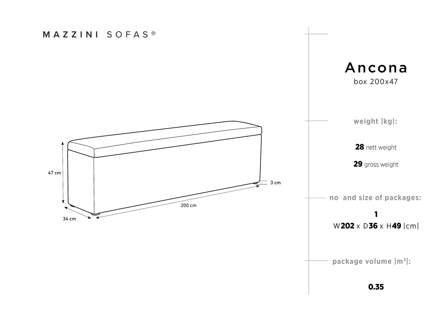 Pufas su daiktadėže Mazzini Sofas Ancona 200, pilkas цена и информация | Sėdmaišiai ir pufai | pigu.lt