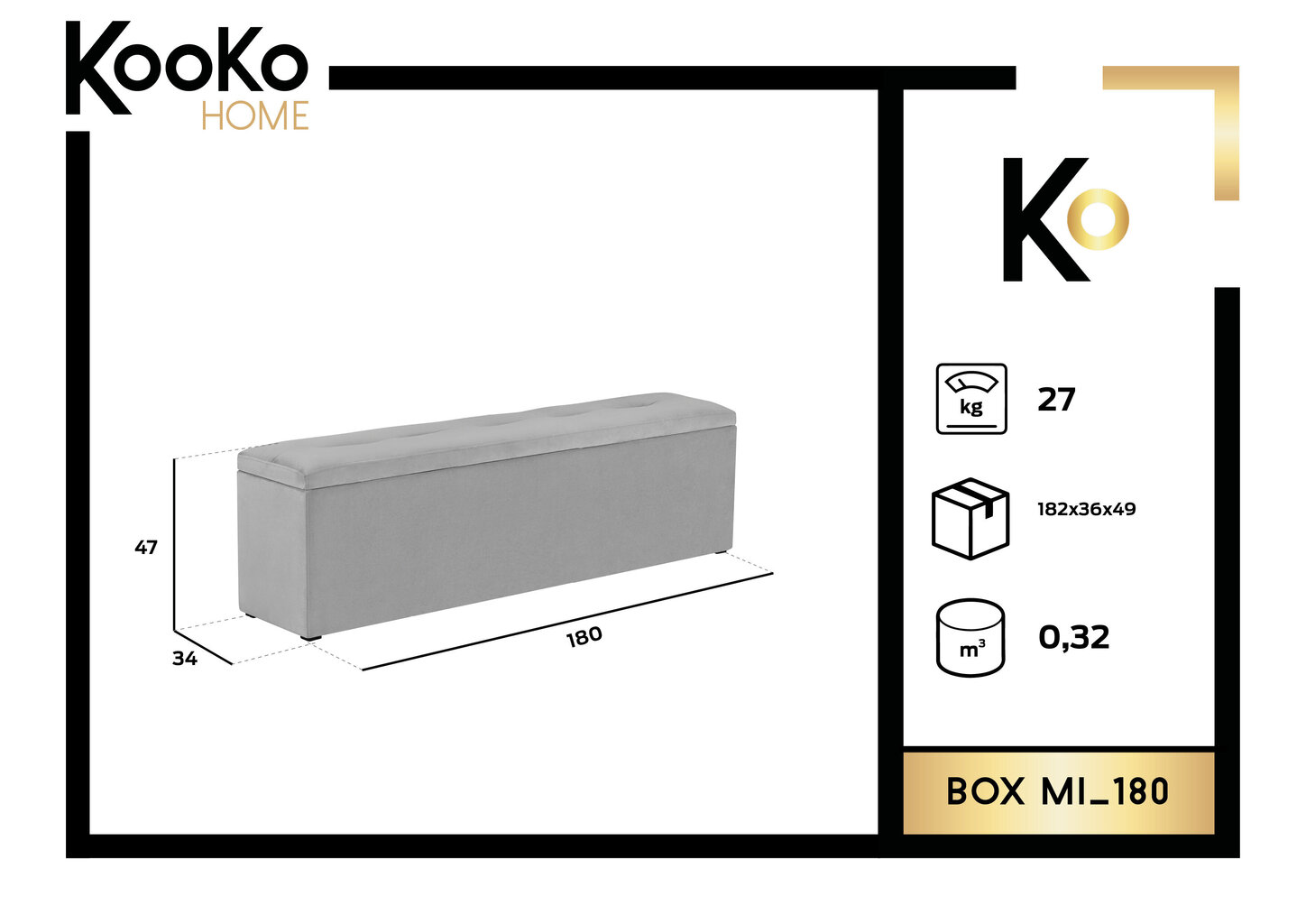 Pufas su daiktadėže Kooko Home Mi 180, juodas kaina ir informacija | Sėdmaišiai ir pufai | pigu.lt