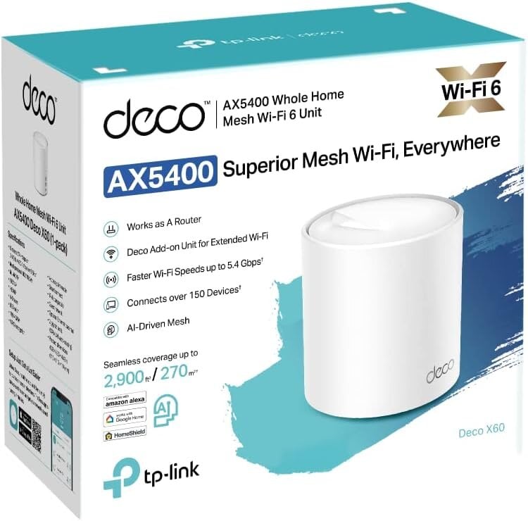 TP-Link Deco AX5400 viso namų tinklo Wi-Fi 6 dviejų juostų maršrutizatorius ir kartotuvas, WPA3, iki 660 m², 6XGigabit, Deco X60 x 3 kaina ir informacija | Maršrutizatoriai (routeriai) | pigu.lt