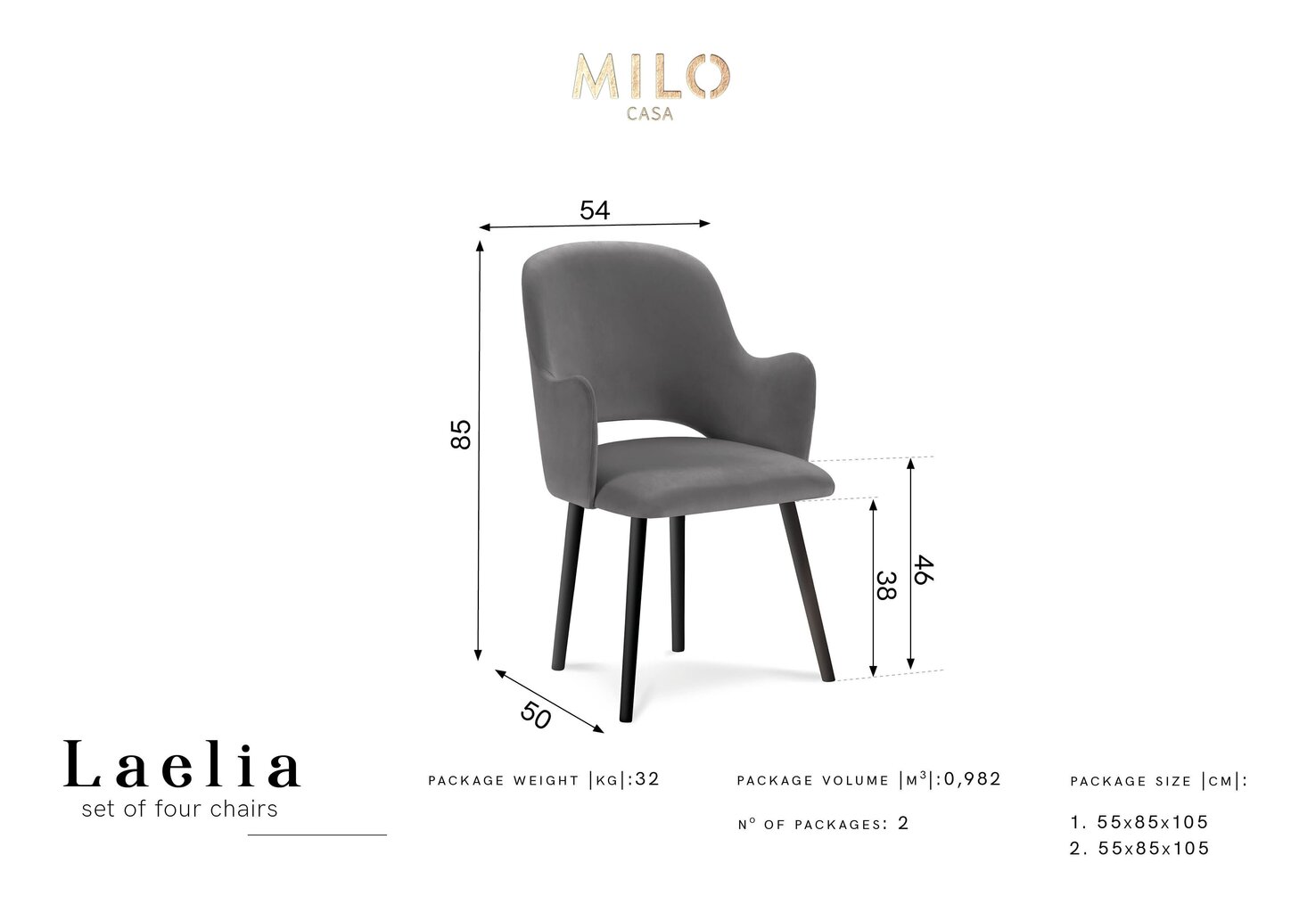 4-ių kėdžių komplektas Milo Casa Laelia, šviesiai pilkas kaina ir informacija | Virtuvės ir valgomojo kėdės | pigu.lt