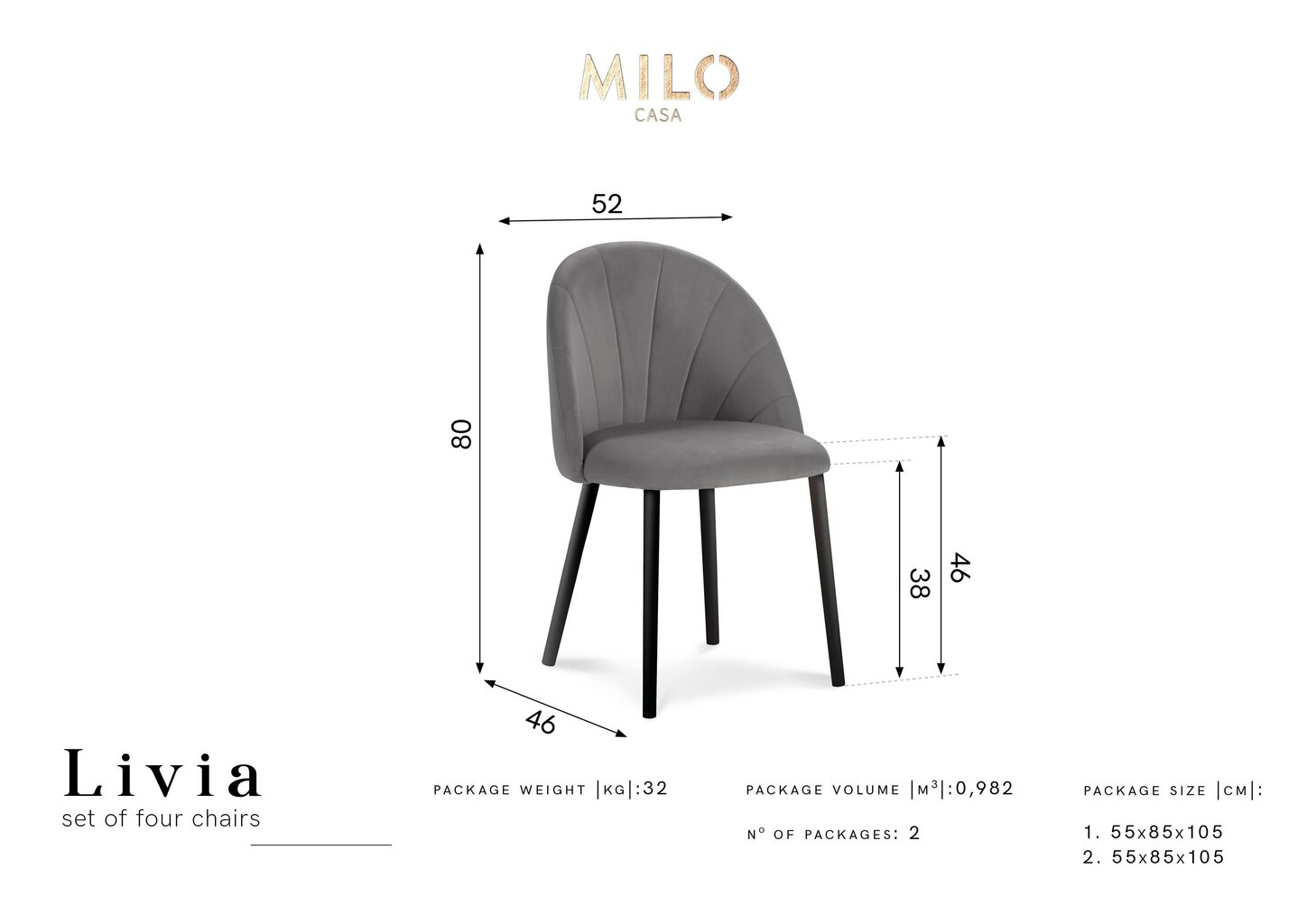 4-ių kėdžių komplektas Milo Casa Livia, tamsiai pilkas kaina ir informacija | Virtuvės ir valgomojo kėdės | pigu.lt