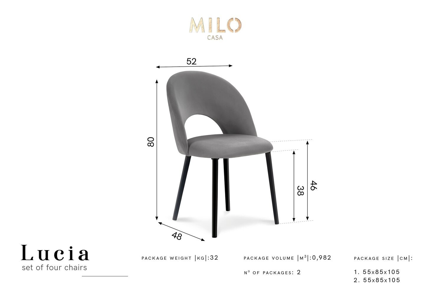 4-ių kėdžių komplektas Milo Casa Lucia, šviesiai pilkas kaina ir informacija | Virtuvės ir valgomojo kėdės | pigu.lt