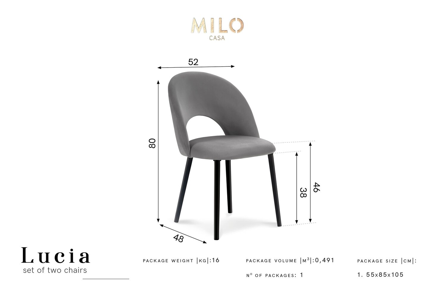 2-jų kėdžių komplektas Milo Casa Lucia, šviesiai pilkas цена и информация | Virtuvės ir valgomojo kėdės | pigu.lt