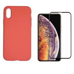360 protection Set -telefono dėklas silikoninis - raudona (strawberry) + grūdinto stiklo ekrano apsauga, skirtas iPhone X/XS kaina ir informacija | Telefono dėklai | pigu.lt