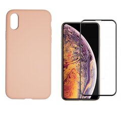 360 protection Set -telefono dėklas silikoninis - rožinė (flamingo) + grūdinto stiklo ekrano apsauga, skirtas iPhone X/XS kaina ir informacija | Telefono dėklai | pigu.lt