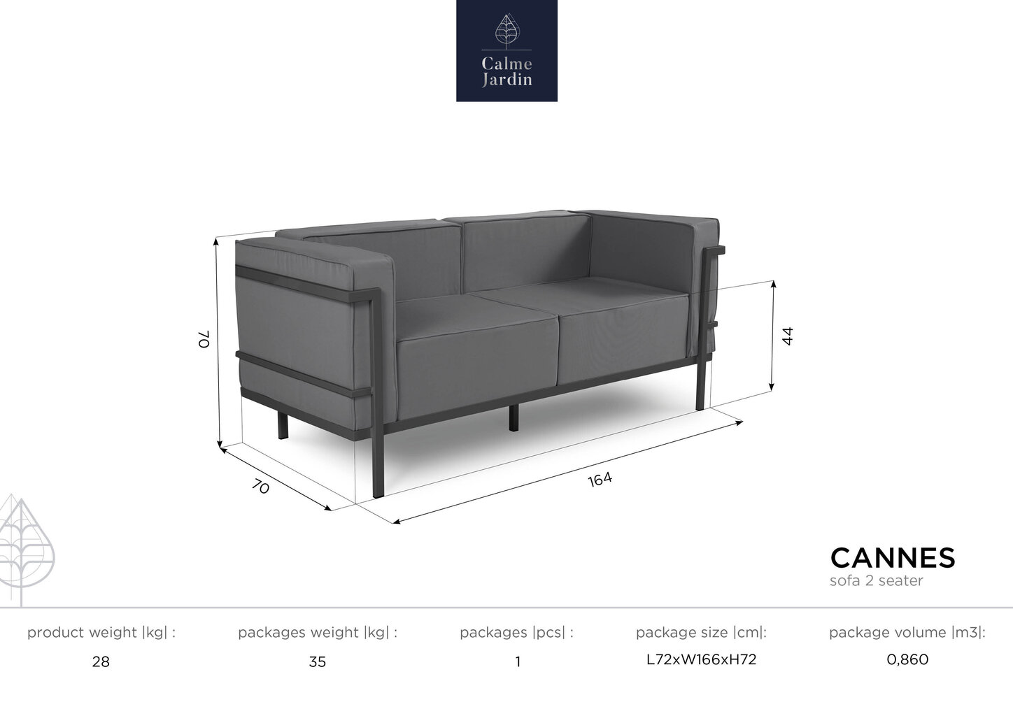 Dvivietė lauko sofa Calme Jardin Cannes, žalia/šviesiai pilka kaina ir informacija | Lauko kėdės, foteliai, pufai | pigu.lt