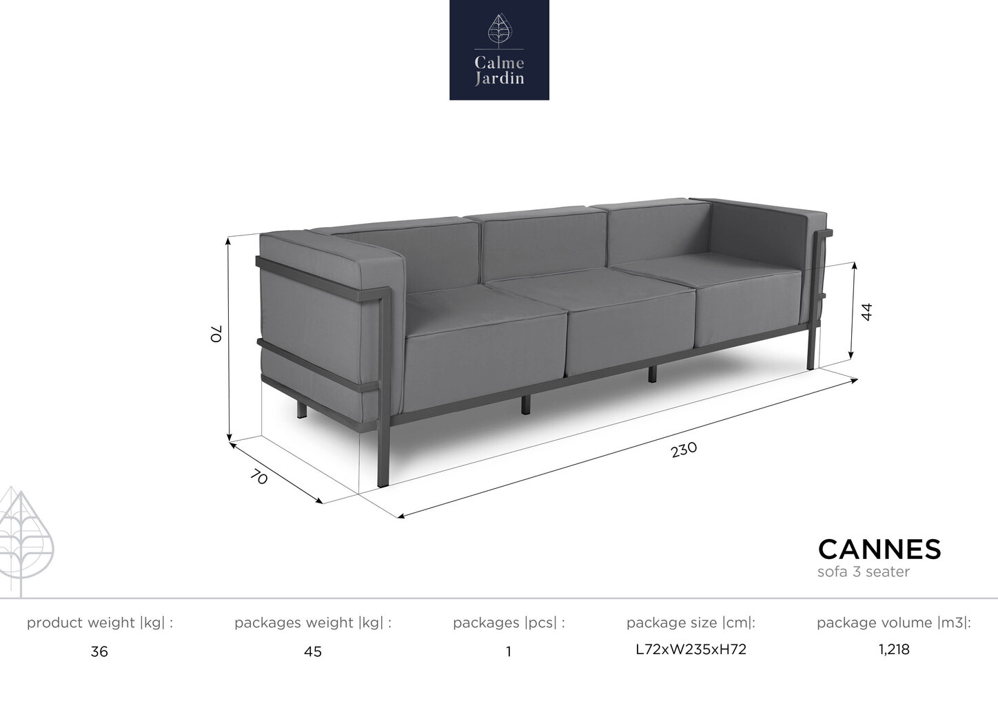 Trivietė lauko sofa Calme Jardin Cannes, žalia/tamsiai pilka kaina ir informacija | Lauko kėdės, foteliai, pufai | pigu.lt