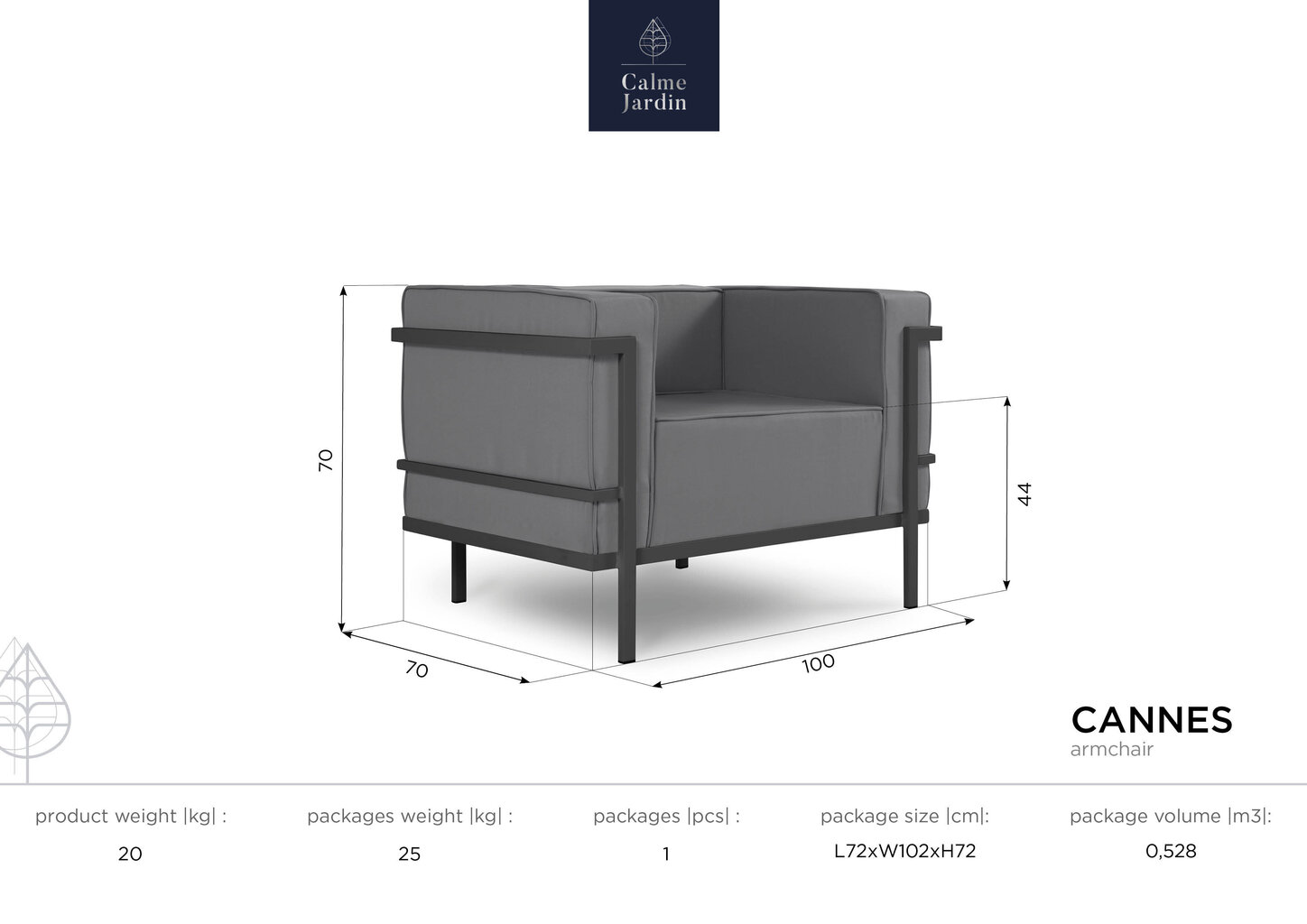 Lauko fotelis Calme Jardin Cannes, tamsiai pilkas kaina ir informacija | Lauko kėdės, foteliai, pufai | pigu.lt