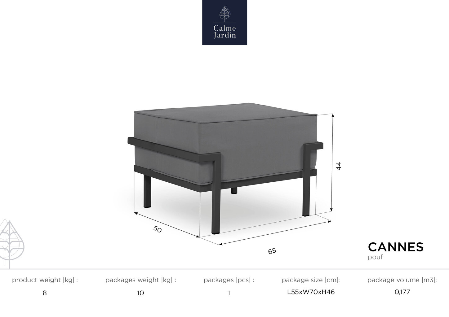 Lauko pufas Calme Jardin Cannes, kreminis/tamsiai pilkas kaina ir informacija | Lauko kėdės, foteliai, pufai | pigu.lt