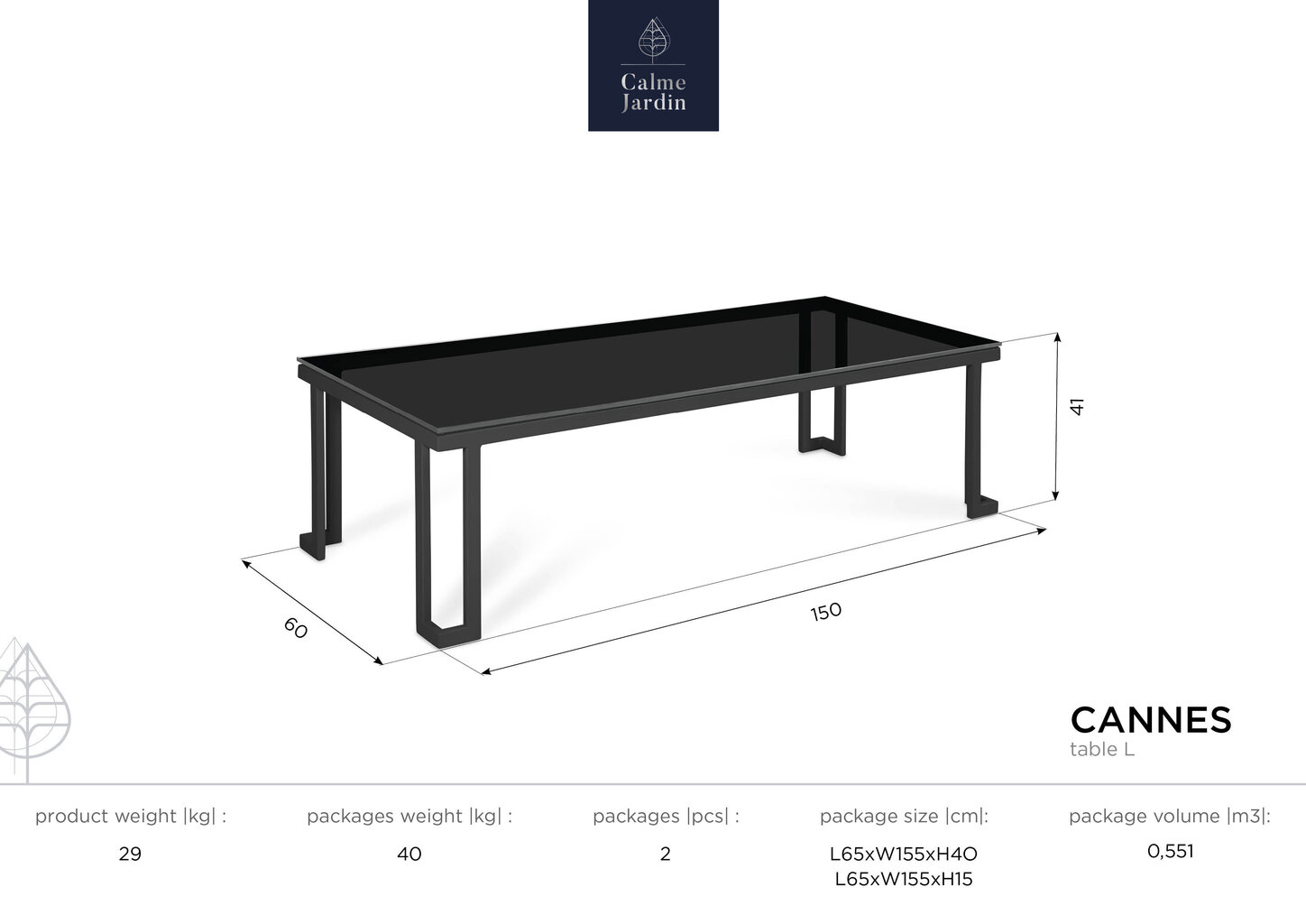 Lauko stalas Calme Jardin Cannes L, tamsiai pilkas kaina ir informacija | Lauko stalai, staliukai | pigu.lt