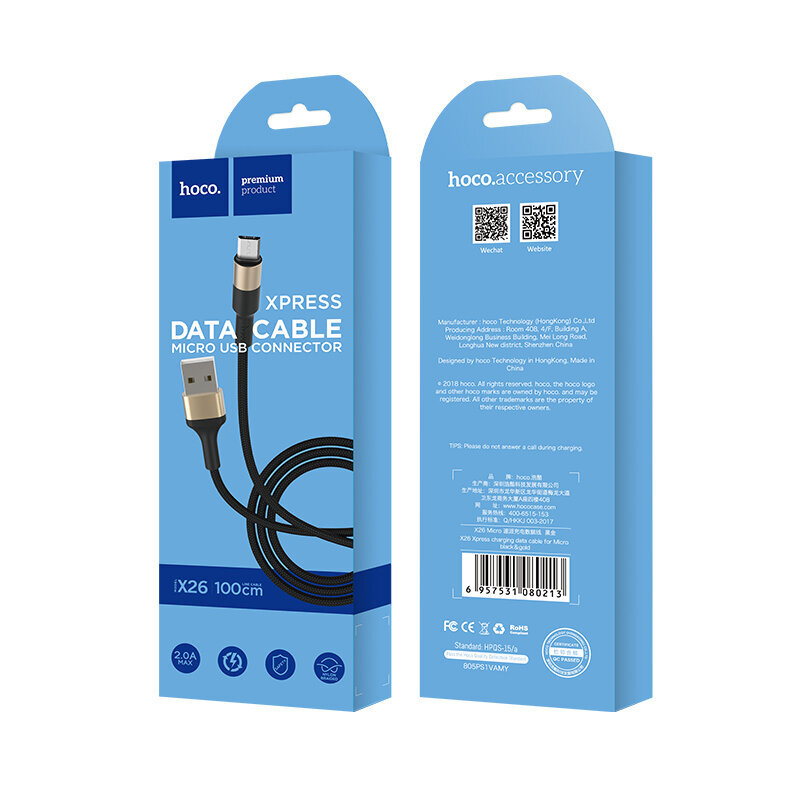 USB kabelis Hoco X26 microUSB, 1.0m, juodas-auksinis kaina ir informacija | Laidai telefonams | pigu.lt