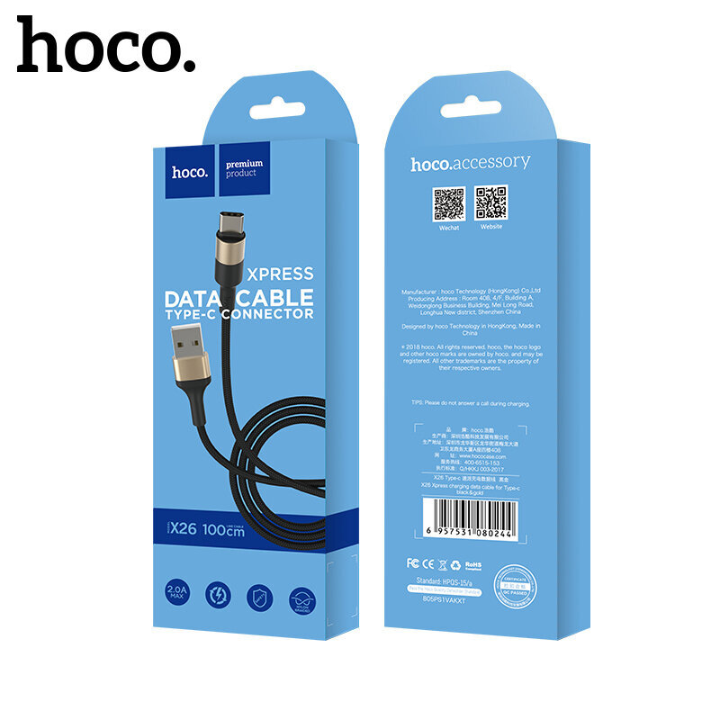 USB kabelis Hoco X26 Type-C, 1.0m, juodas-auksinis kaina ir informacija | Laidai telefonams | pigu.lt