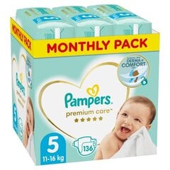 Подгузники PAMPERS Premium Monthly Pack 5 размер, 11-16 кг, 136 шт. цена и информация | Подгузники | pigu.lt