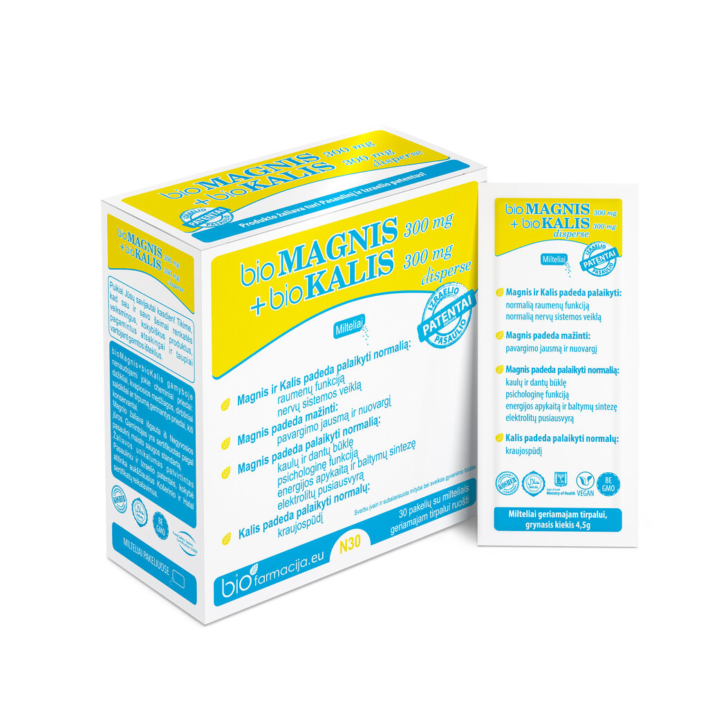 Maisto papildas bioMAGNIS 300mg + bioKALIS 300mg, 30x4.5 g kaina ir informacija | Vitaminai, maisto papildai, preparatai gerai savijautai | pigu.lt