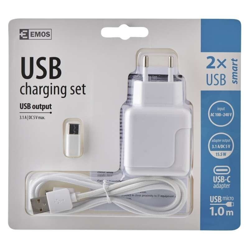 EMOS USB Smart 3.1A/Micro USB/USB C red цена и информация | Krovikliai telefonams | pigu.lt