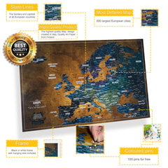 Карта Европы с булавками в белой рамке, 53x3x43 cm - 600 крупнейших городов цена и информация | Карты мира | pigu.lt
