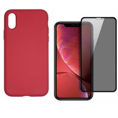 360 protection Set -telefono dėklas silikoninis - raudona (scarlet) + grūdinto stiklo ekrano apsauga Privacy, skirtas iPhone X/XS kaina ir informacija | Telefono dėklai | pigu.lt