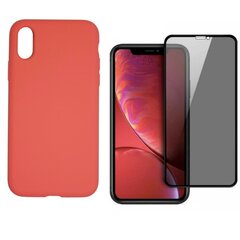 360 protection Set -telefono dėklas silikoninis - raudona (strawberry) + grūdinto stiklo ekrano apsauga Privacy, skirtas iPhone X/XS kaina ir informacija | Telefono dėklai | pigu.lt