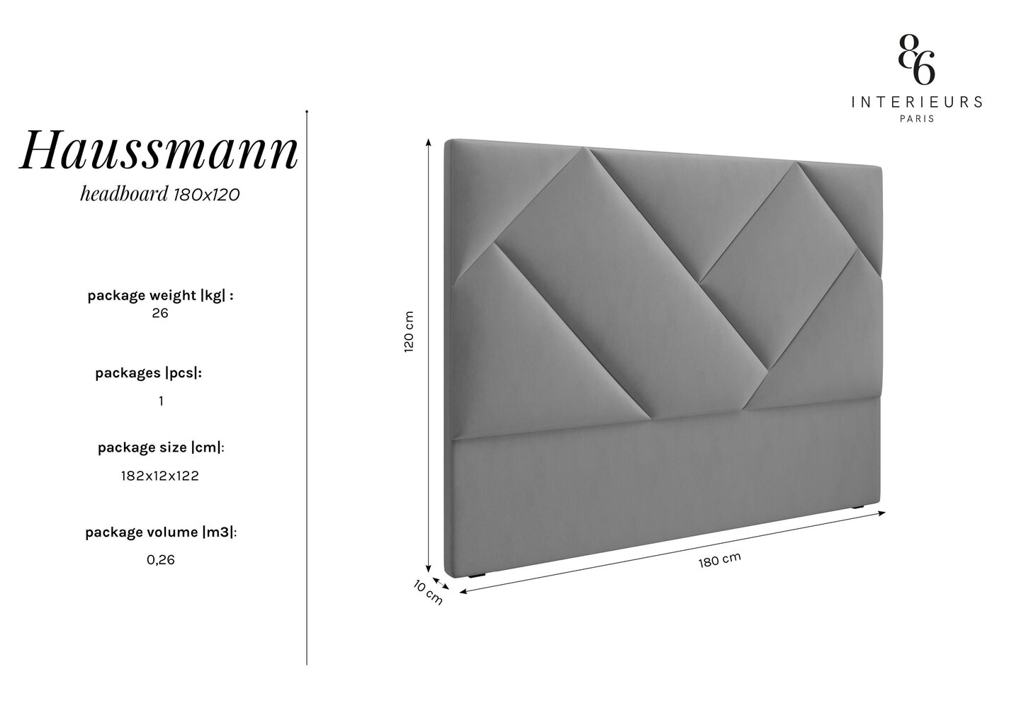 Lovos galvūgalis Interieurs86 Haussmann 180 cm, smėlio spalvos kaina ir informacija | Lovos | pigu.lt