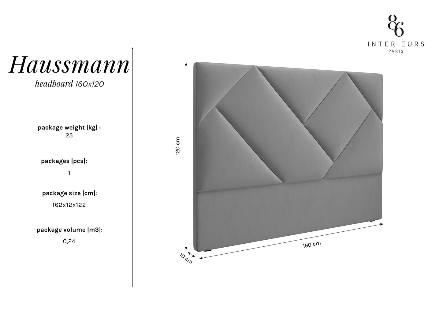 Lovos galvūgalis Interieurs86 Haussmann 160 cm, šviesiai mėlynas kaina ir informacija | Lovos | pigu.lt