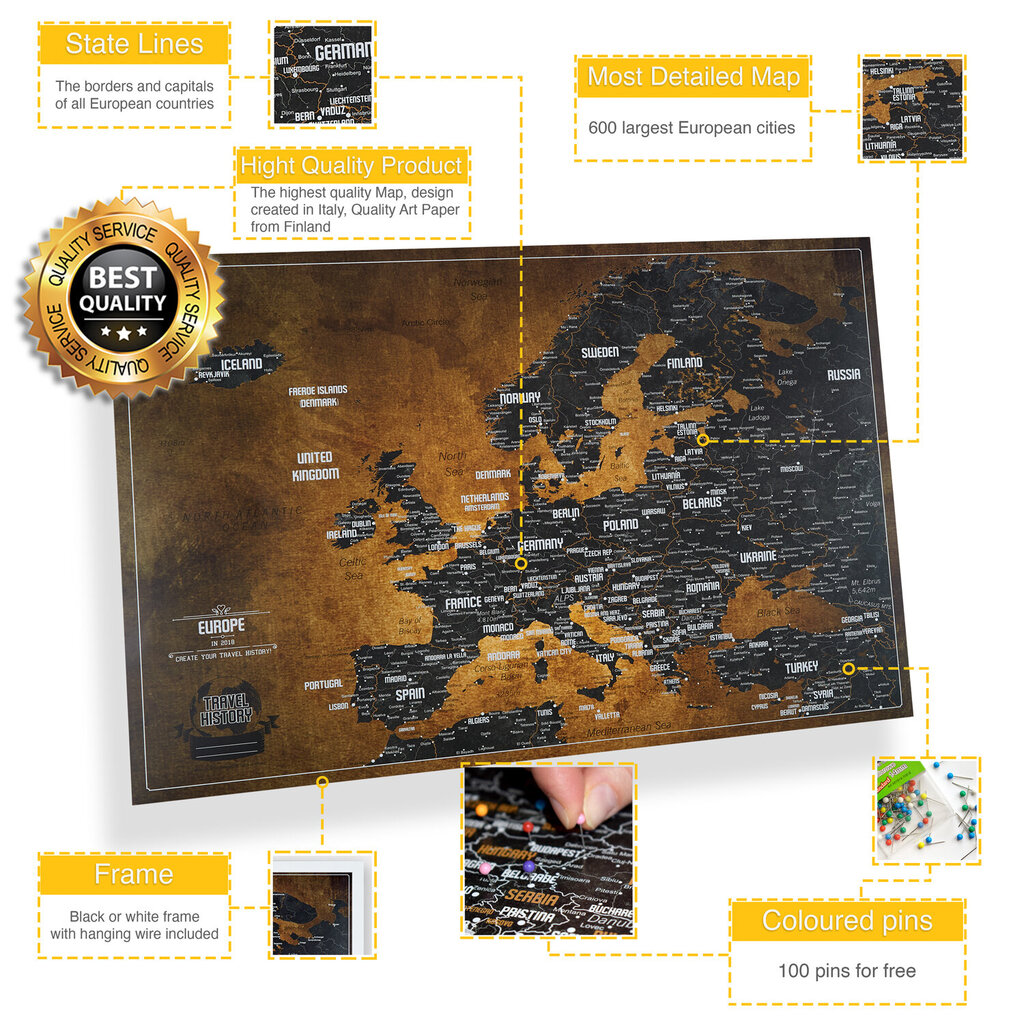 Europos žemėlapis su smeigtukais. DOVANA - 100 spalvotų smeigtukų, Komplekte medinis rėmelis. цена и информация | Žemėlapiai | pigu.lt