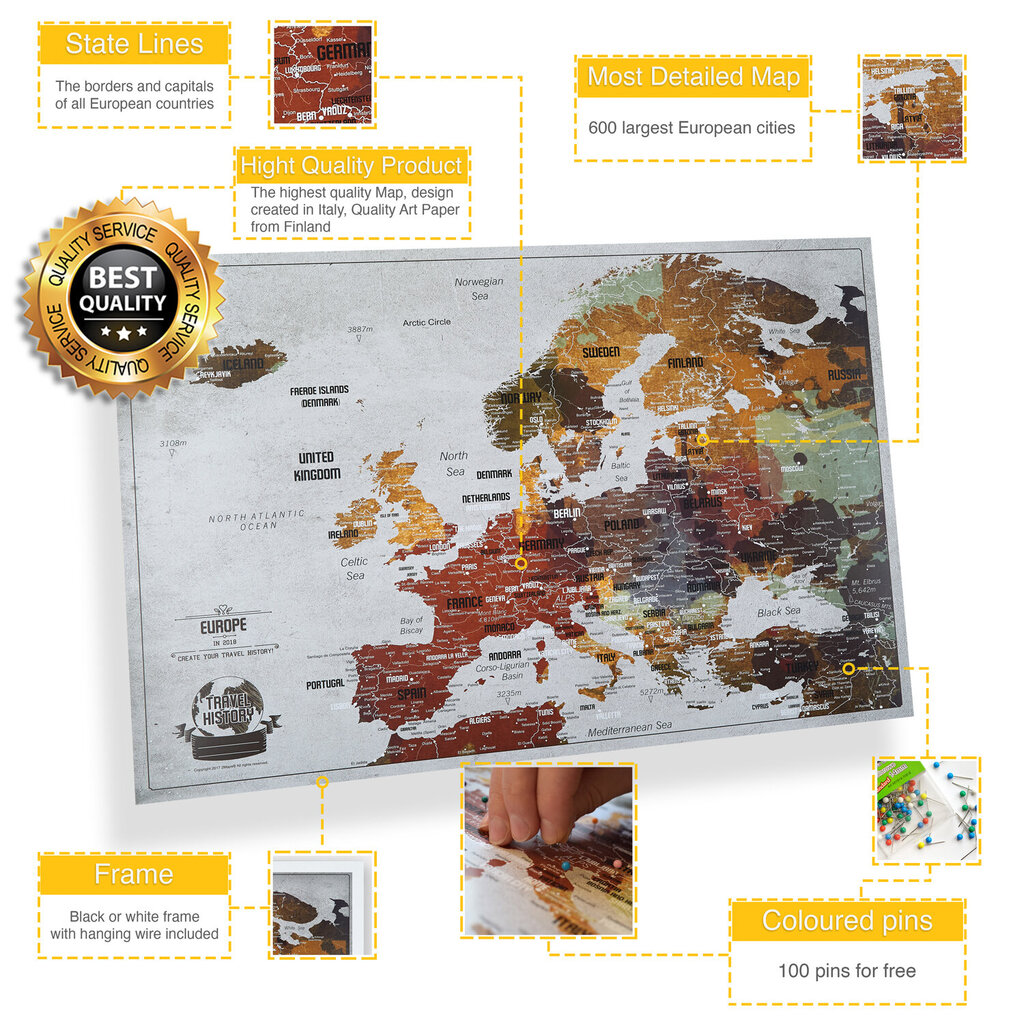 Eiropas karte ar tapām Bonusa 100 tapas, Piedzīvojumu karte ar rāmi, [Korķa  karte] Personalizētas karte ar oriģinālām krāsām, Izgatavotas ES, 53x3x43  cm, Karte ir gatava lietošanai hind | kaup24.ee