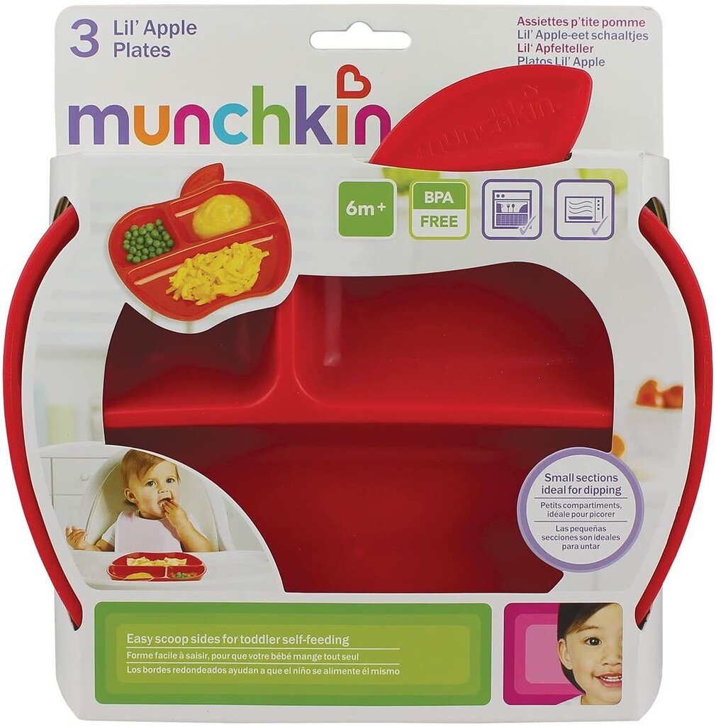Trijų skyrių lėkštės Munchkin Lil Apple 3 vnt. цена и информация | Kūdikių indai, indeliai pienui ir įrankiai | pigu.lt