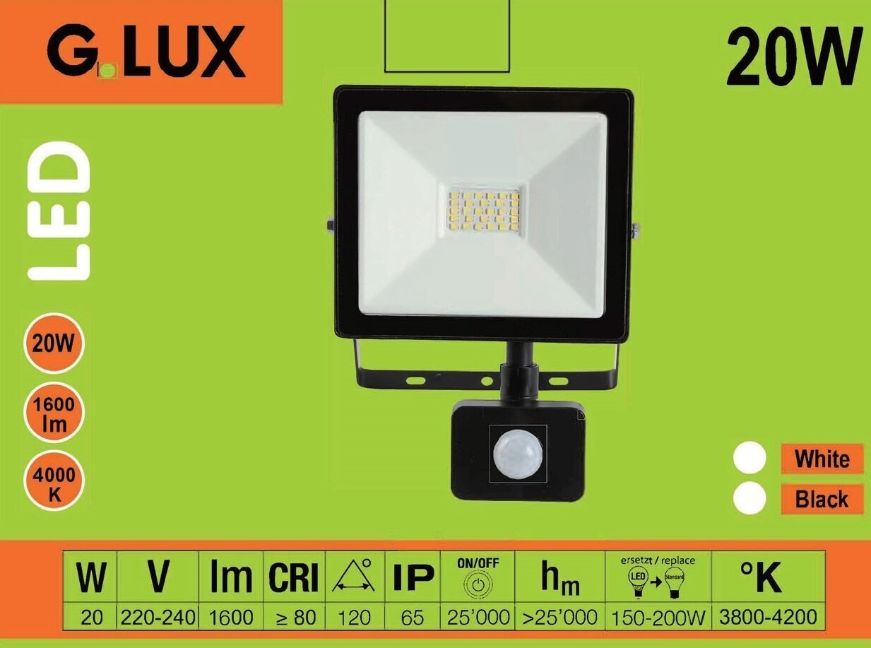 LED lauko prožektorius su judesio davikliu GR-LED-FL-20W-SENSOR Juodas kaina ir informacija | Lauko šviestuvai | pigu.lt