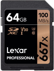 Lexar карта памяти SDXC 64GB Pro 667x U3 V30 100MB/s цена и информация | Карты памяти для фотоаппаратов, камер | pigu.lt