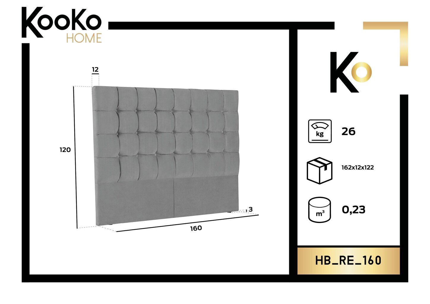 Lovos galvūgalis Kooko Home Re 160 cm, tamsiai pilkas kaina ir informacija | Lovos | pigu.lt