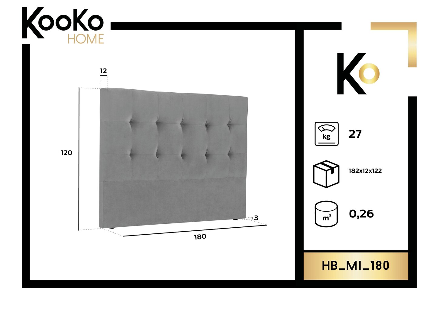 Lovos galvūgalis Kooko Home Mi 180 cm, tamsiai pilkas kaina ir informacija | Lovos | pigu.lt