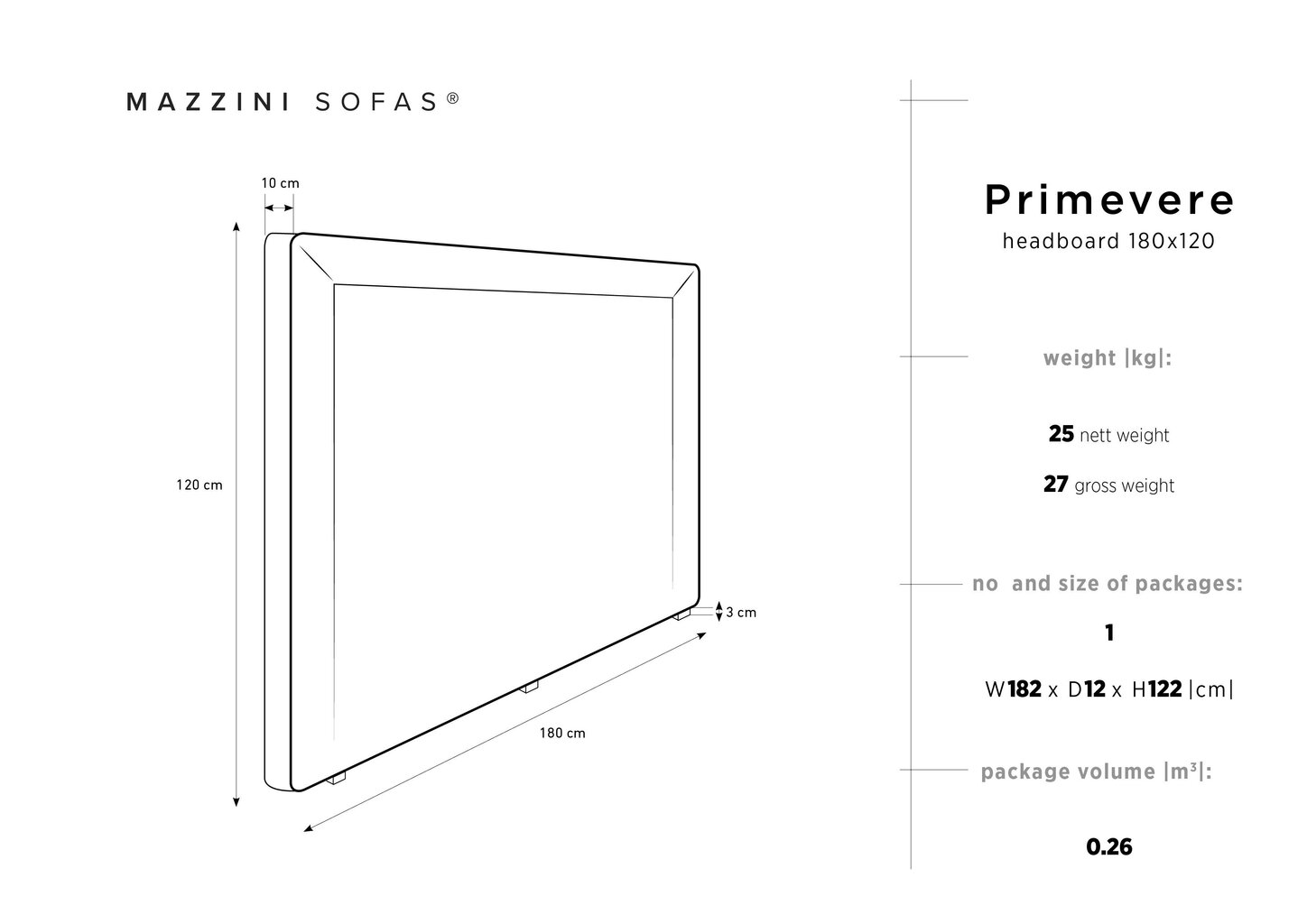 Lovos galvūgalis Mazzini Sofas Primevere 180 cm, šviesios smėlio spalvos kaina ir informacija | Lovos | pigu.lt