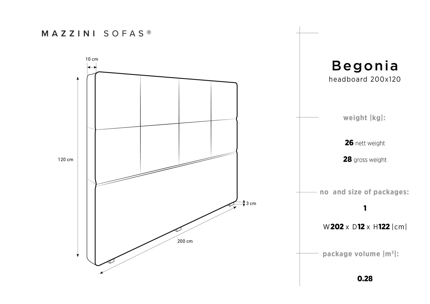 Lovos galvūgalis Mazzini Sofas Begonia 200 cm, tamsiai pilkas цена и информация | Lovos | pigu.lt