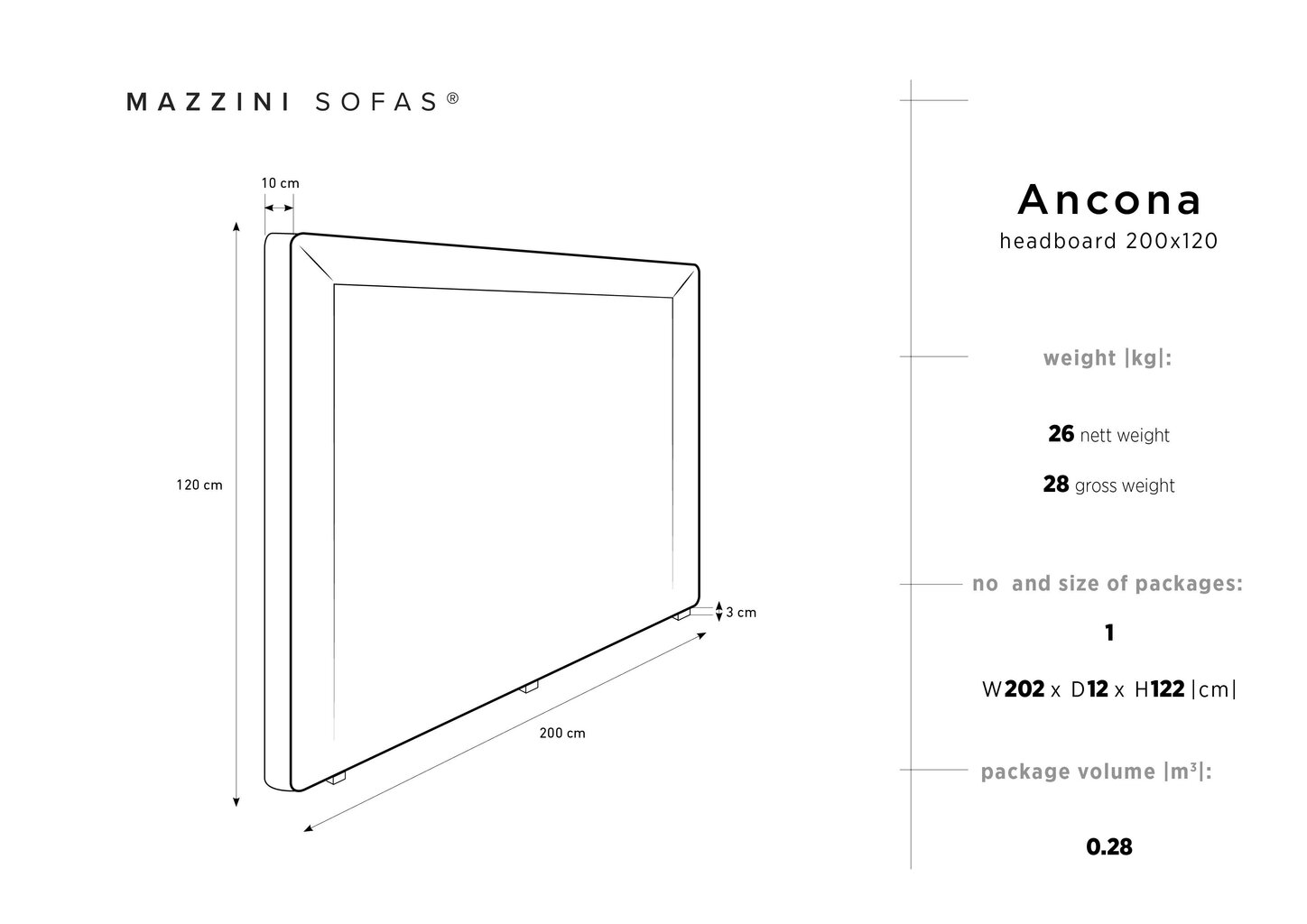 Lovos galvūgalis Mazzini Sofas Ancona 200 cm, tamsiai pilkas kaina ir informacija | Lovos | pigu.lt