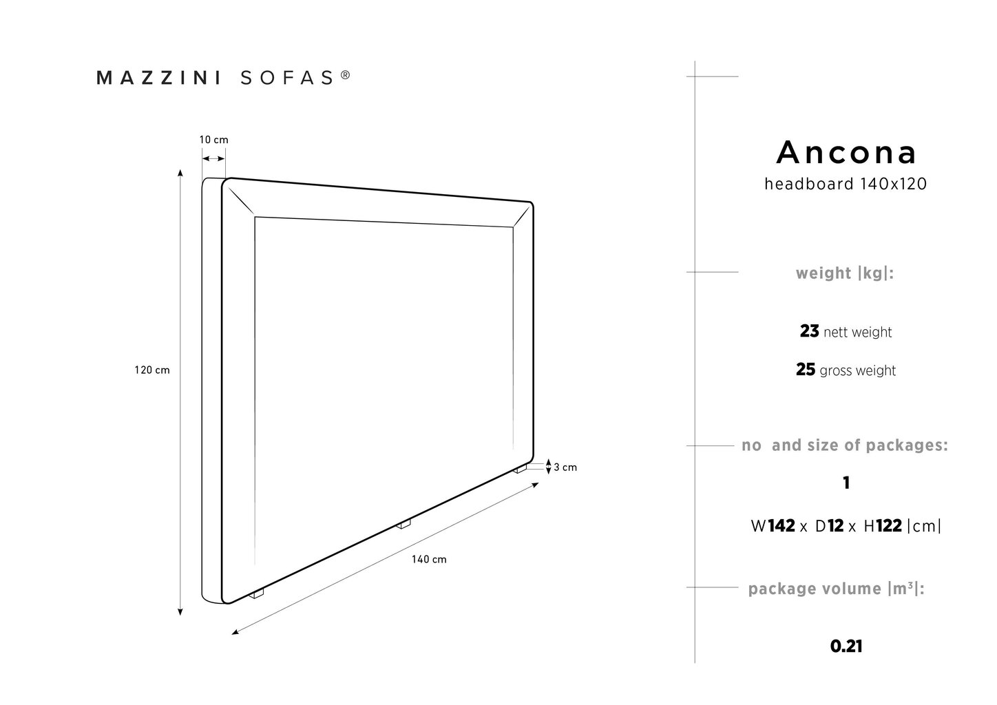 Lovos galvūgalis Mazzini Sofas Ancona 140 cm, juodas kaina ir informacija | Lovos | pigu.lt