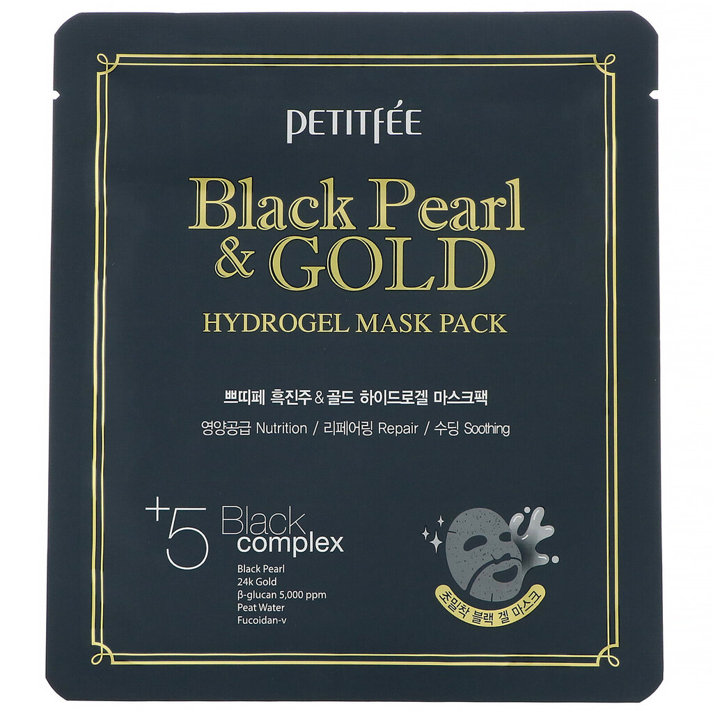 Lakštinė veido kaukė su juodaisiais perlais ir auksu Petitfee Gold Hydrogel 1 vnt. цена и информация | Veido kaukės, paakių kaukės | pigu.lt