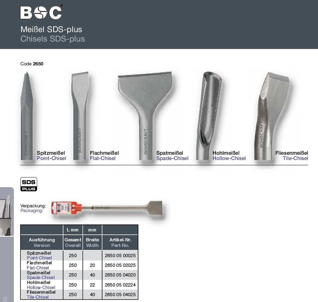 Kaltas plokščias/platus BOHRCRAFT SDS-plus (40 x 250 mm) kaina ir informacija | Mechaniniai įrankiai | pigu.lt